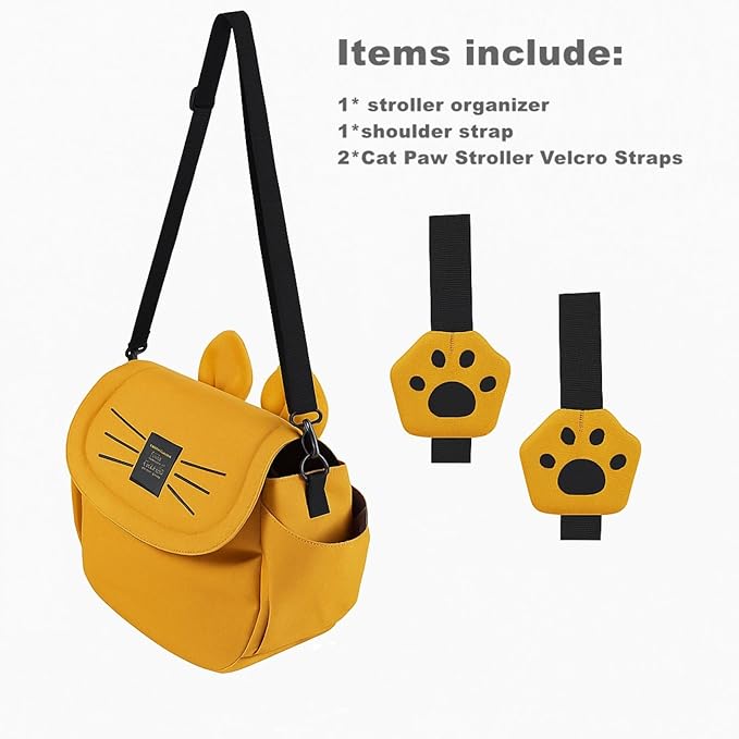 SUNVENO Kitty Stroller Organizer Bag ??Universal Baby Stroller Caddy with 2 Cup Holders, Adjustable Straps, Waterproof Oxford, Lightweight Travel Accessory for Strollers, Prams & Pushchairs,Yellow