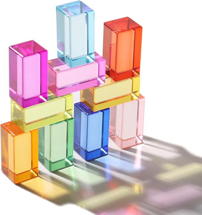Dinhon 10 Pcs 10 Unique Colors Elongated Acrylic Blocks - 2.5x2.5x5CM Rainbow Gem Rectangular Cubes, Sensory Stacking Toy for Toddlers 1-5, Birthday Gift for Kids