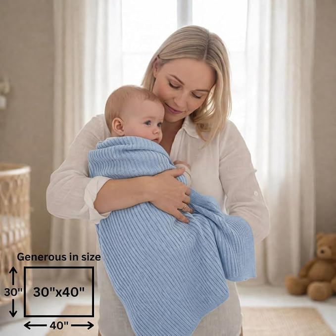 100% Organic Cotton Knit Receiving Baby Boy Blanket for Newborns - Soft, Breathable Swaddle Blanket for Crib & Stroller - Nursery Gift 2-Pack (Ribbed Ivory & Baby Blue)