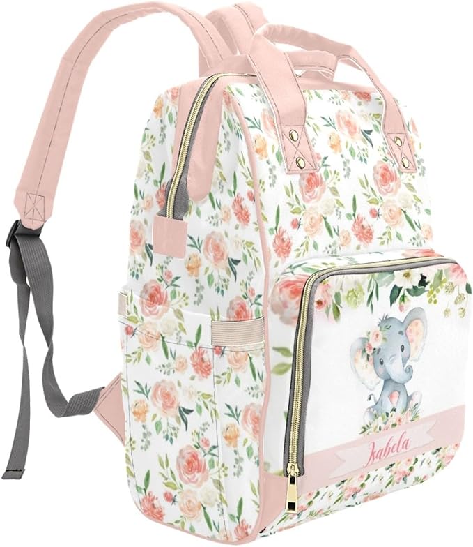 Custom Name Diaper Bag Customized Floral Elephant Mommy Nappy Bags with Multi Pocket & Large Capacity Personalized Nappy Changing Bag Nursing Mommy Daypack with Multi Pockets for New Mom