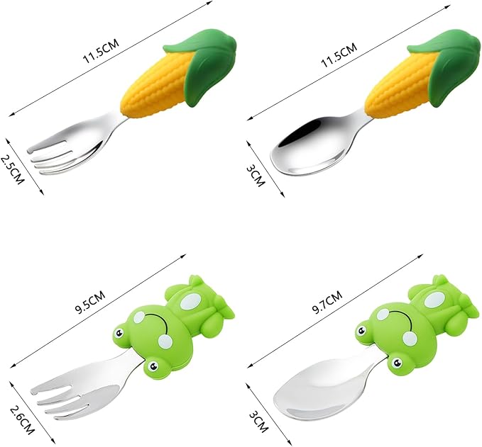 Toddler Utensils 4-Pack, Stainless Steel Toddler Forks and Spoons Set with Cute Frog & Corn Silicone Handles, Baby Kids Utensils, Children Safe Forks and Spoons Dishwasher Safe