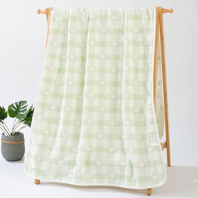 Baby Crib Blanket for Boys and Girls 3 Layer Muslin Cotton Bed Blanket with Lovely Heart Pattern Soft Children Checkered Bedding Breathable and Skin-Friendly
