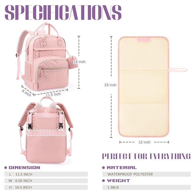 Tuwubi Diaper Bag Backpack with Changing Pad,Baby Essentials, Multi function Waterproof Backpack with Stroller Straps & Pacifier Case Light Pink