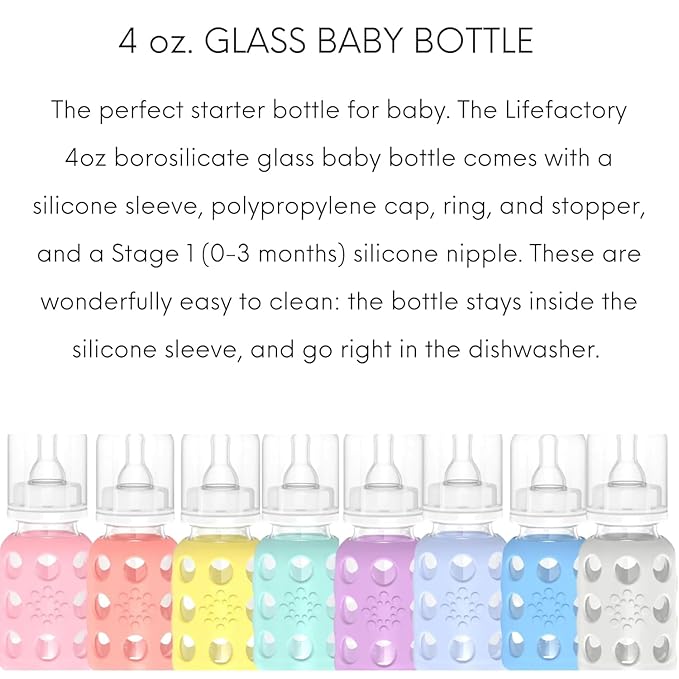 Lifefactory 4-Ounce Glass Baby Bottle with Stage 1 Nipple and Protective Silicone Sleeve Lavender (LF110016C4)