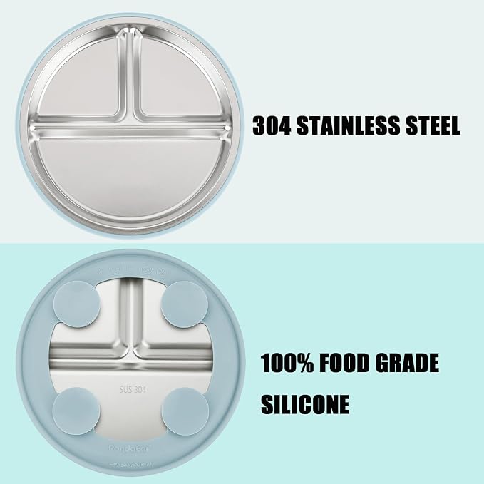 PandaEar 2 Pack Stainless Steel Baby Suction Plates & 2 Pack Spoons, Toddler Utensils Baby Feeding Set, Divided Plates for Baby Led Weaning Supplies, BPA-Free (Pink/Blue)