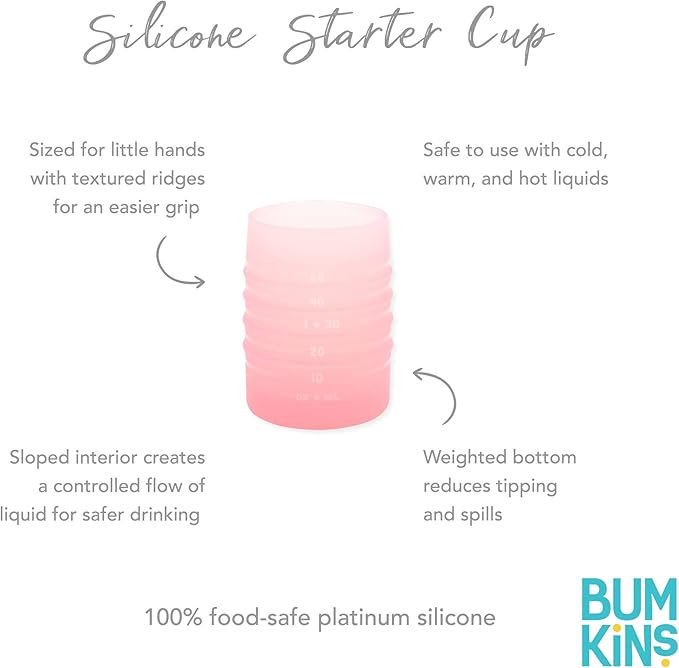Bumkins Baby and Toddler Cups, Sip Cup, Spill Proof Training Drinking for Babies Ages 4 Months, Tip Proof, Platinum Silicone Starter Cup, First Year Learning Supplies, Easy to Hold, Holds 2oz, Pink