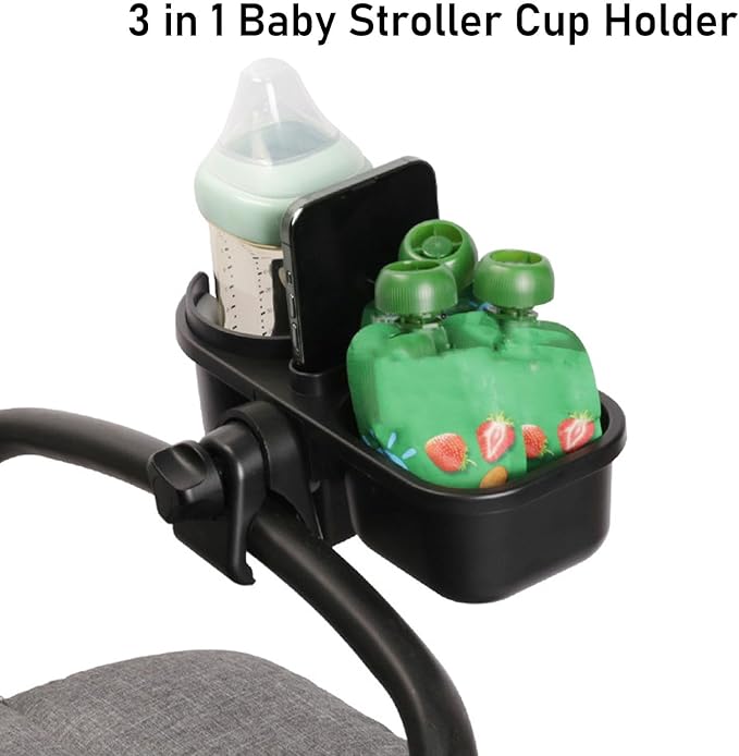 Universal Stroller Snack Tray, 360 Degrees Rotating 3 in 1 Baby Stroller Cup Holder for Office Chairs (Black)
