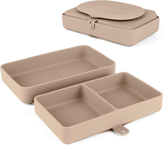 Silicone Baby Plate, Foldable & Compact Food Grade Silicone Plates, Foldable Toddler Travel Essential with Suction for Toddlers (Almond Butter)