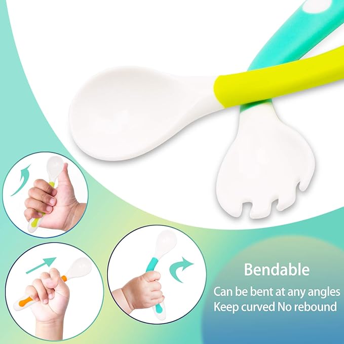 Baby Utensils Spoon Fork Set with Travel Safe Case Toddler Babies Children Feeding Training Spoon Easy Grip Heat-Resistant Bendable Self Feeding Learning Spoon (1 Spoon, 1 Fork)
