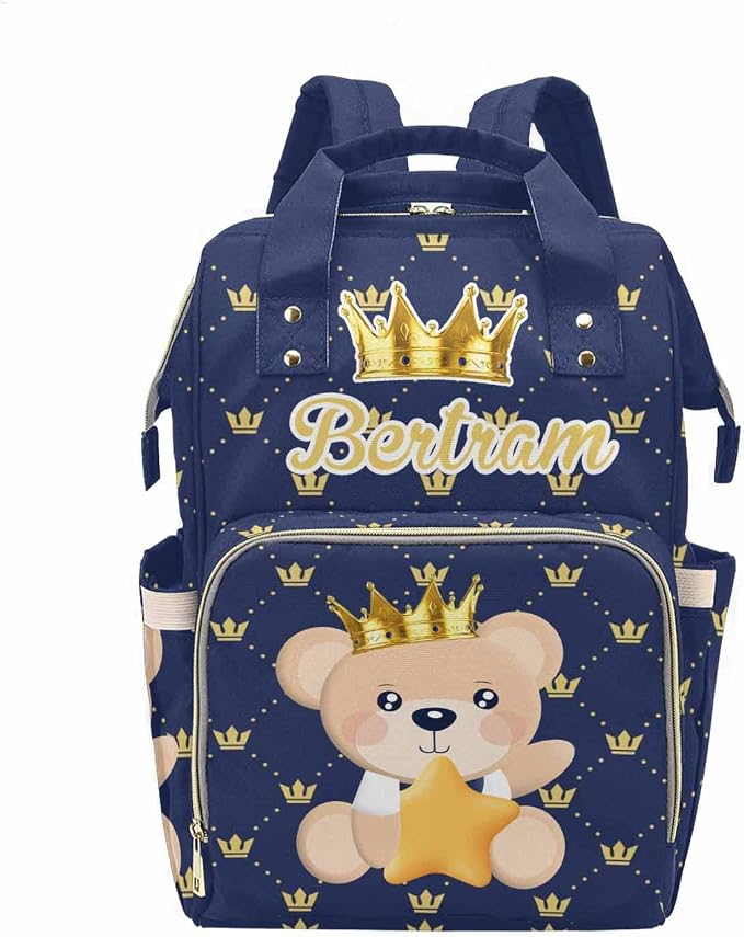 Personalized Prince Bear Mommy Bag with Name, Custom Golden Crown on Blue Plaid Diaper Bags, Waterproof Nylon Backpack for Travel with Large Capacity, Nursing Daypack for Women New Mom