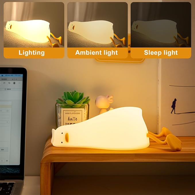 Lying Flat Duck Night Light,LED Squishy Silicone Nursery Nightlight,3 Level Dimmable Nursery Nightlight,Toddler Baby Night Light Christmas gifts for Kids,Nursery Touch Kawaii Lamp Room/House Décor