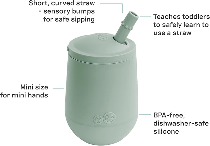 ezpz Mini Cup + Straw Training System (Sage) - 9 Months+ - 100% Silicone Training Cup for Infants + Toddlers - Designed by a Pediatric Feeding Specialist