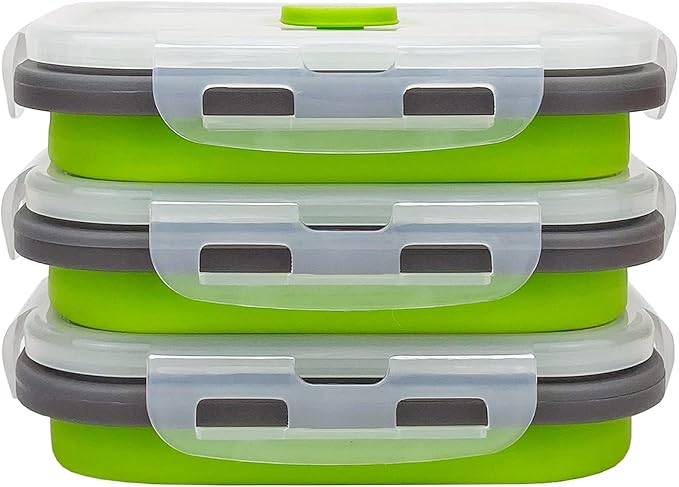 CCyanzi 3piece Collapsible Food Storage Containers with Lids, Silicone Lunch Container, Microwave & Freezer Safe, Space Saving for Kitchen Cabinet and Camping Backpack,(green gray)
