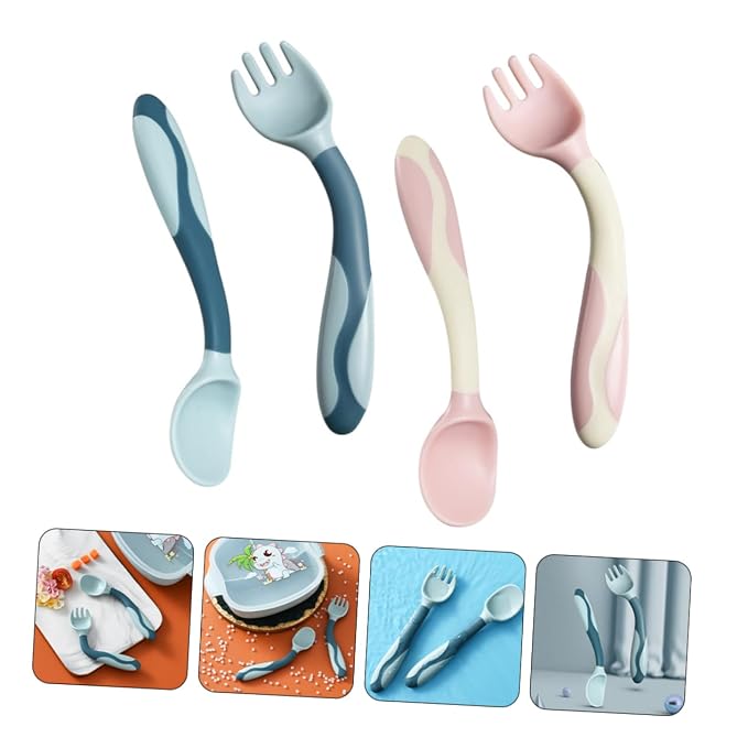Mobestech 2 Sets Flexible Silicone Fork and Spoon Portable Lightweight Feeding Utensils in Safe Materials for Complementary Food Use