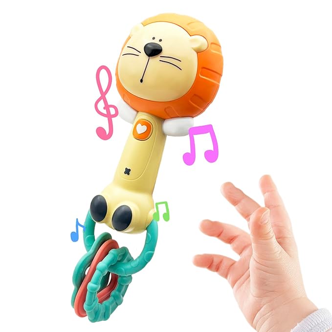 Cute Lion Baby Musical Rattle Toy 6-12-18 Months, Light-Up Teether & Sensory Chew Rubber 1st Birthday Gift for 1+ Year Old Boys Girls (Lion)