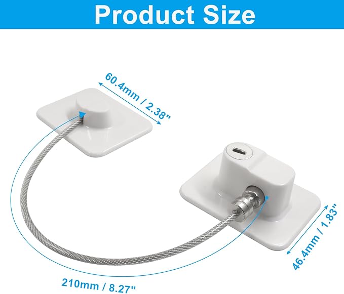 2 Pack Refrigerator Lock, Child Safety Locks with Keys, Easy Install Plastic Latches with Adhesive Backing, for Fridge, Cabinet, Drawer Childproofing, White