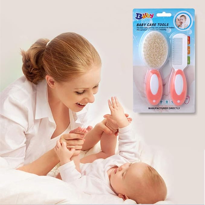 Baby Hair Brush and Comb Set for Newborns & Toddlers，Natural Soft Bristles，Ideal for Cradle Cap， Baby Registry Gift (Pink)
