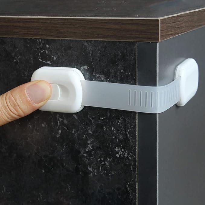 Vmaisi Baby Proofing Cabinet Locks - Childproofing Adjustable Multi Use Straps Latches for Drawers, Fridge, Dishwasher, Toilet Seat, Cupboard, Closet, Oven,Trash Can, Adhesive No Drilling (White) (4)
