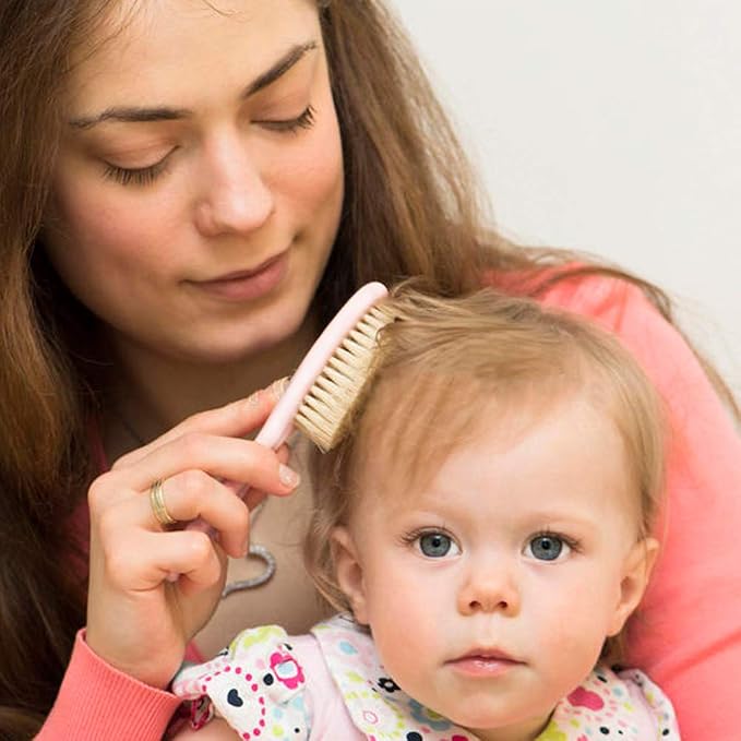 Baby Hair Brush and Comb Set for Newborns & Toddlers，Natural Soft Bristles，Ideal for Cradle Cap， Baby Registry Gift (Pink)