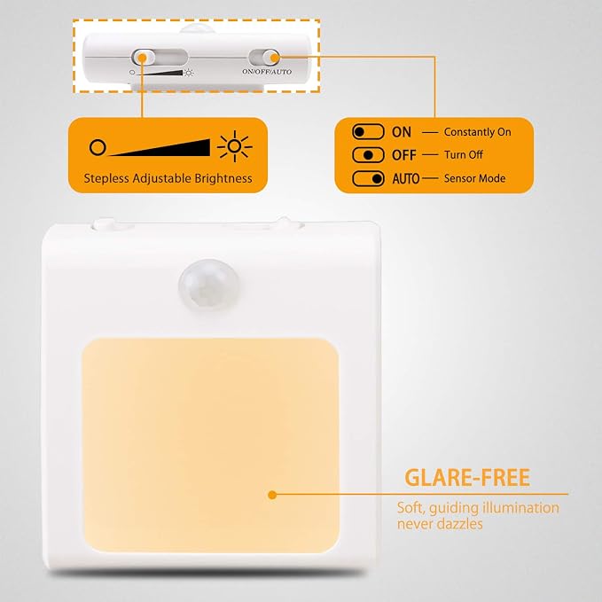 Plug-in Motion Sensor Night Light, Adjustable Brightness Warm White LED Nightlight for Kitchen, Hallway, Stairway, Bathroom, Bedroom (1 Pack)