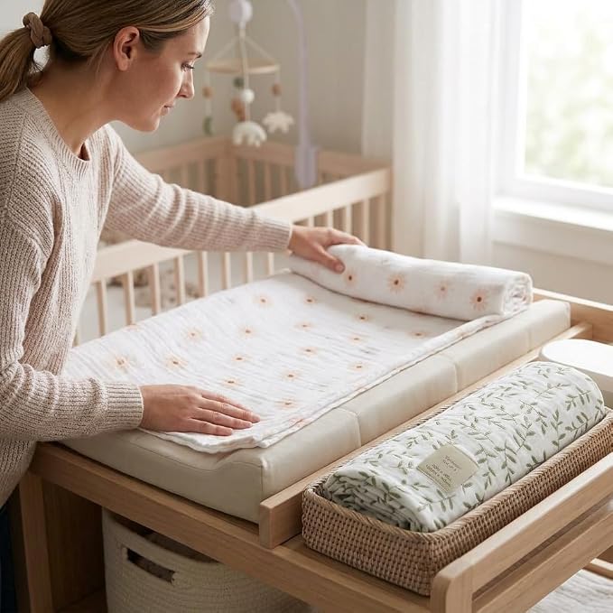 Lulujo Baby Swaddle Blankets | Unisex Softest Breathable Cotton Muslin Swaddle Blanket Set | Neutral Receiving Blanket for Girls & Boys | 40in x 40in | Daisies & Greenery | 2-Count