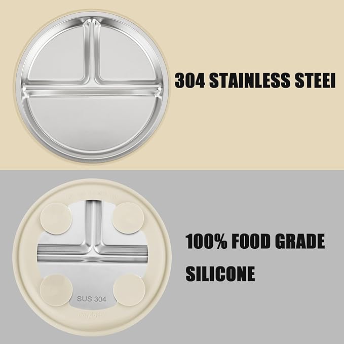 PandaEar 3 Pack Stainless Steel Baby Suction Plates, Divided Toddler Plate for Baby Led Weaning Supplies, Non-Slip Toddler Baby Feeding Set Dishwasher Safe (Linen/Brown/Tan, With Spoons)