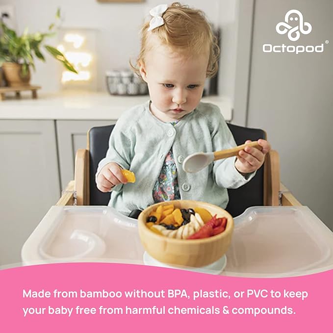 Abiie Octopod Bamboo Baby Bowl Set for 4 Months and Up – Mess-Free High Chair Suction Bowl with Spoon for Toddlers and Kids - Ergonomic Baby Feeding Essentials - 5.7" x 3" x 5.7" - Blue