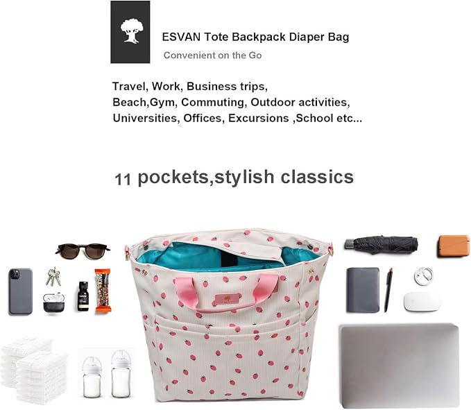 ESVAN Diaper Tote Bag Totepack Backpack Crossbody Bag 3 in 1 for Women Laptop Backpack Multifunctional with Insulated Pockets