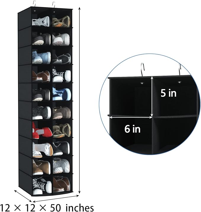 Hanging Shoe Organizer for Closet, 20 Sections Hanging Closet Organizers and Storage Shelves, Space Saving Hanging Shoe Rack, Black, 12''W×12''Dx 50''H