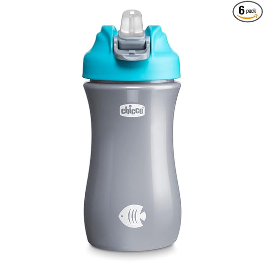 Chicco Soft Spout Tumbler with Silicone Straw and Spill-Proof Lid 12oz., Built-In Carry Handle, Top-Rack Dishwasher Safe, Easy to Hold Travel Cup, Teal/Silver, 18+ months (Pack of 6)