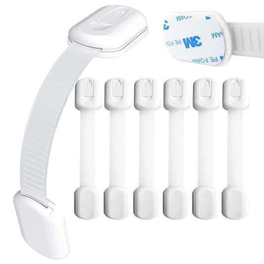 Baby Safety Locks | Child Proof Cabinets, Drawers, Appliances, Toilet Seat, Fridge & Oven | Tools Not Required | Uses 3M Adhesive with Adjustable Strap and Latch System (24-Pack, White)