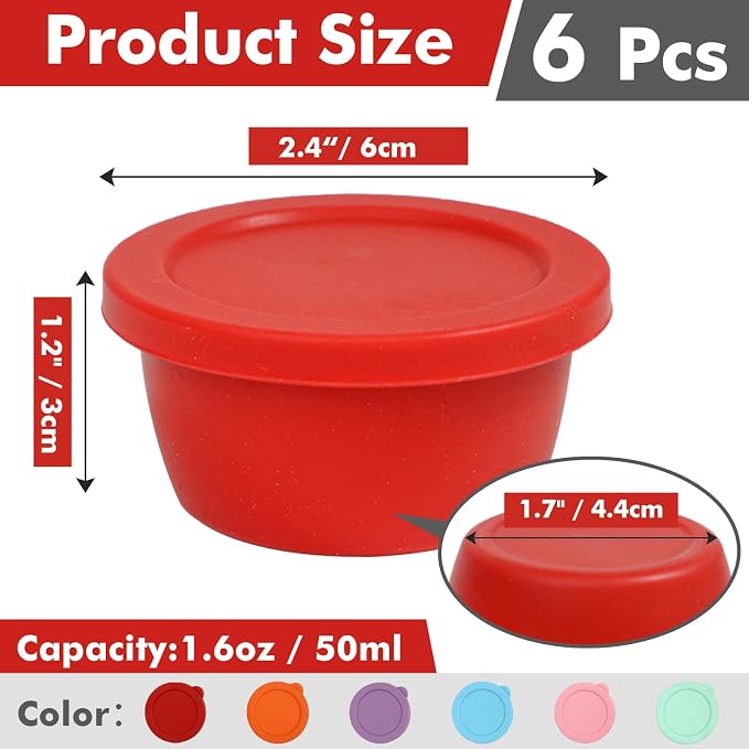 KOLUTI 6 Pack Salad Dressing Container To Go, Nonstick Silicone 1.6oz Sauce Cup for Lunch Bento, Small Condiment Storage Box with Lid, Leak-proof, BPA Free, Dishwasher & Microwave & Oven Safe