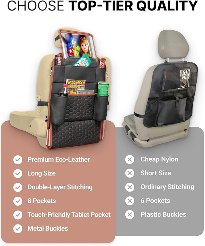 Owleys Back of Seat Organizer for Kids | Car Storage Caddy ??8 Pockets + Transparent Tablet Holder | Waterproof Eco-Leather | 27.5' x 18.5' | Brown+Black