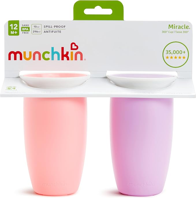 Munchkin Sippy Cups for Toddlers 1-3, Spill Proof Miracle 360 Cup, 10 Ounce, 2 Pack, Pink/Purple