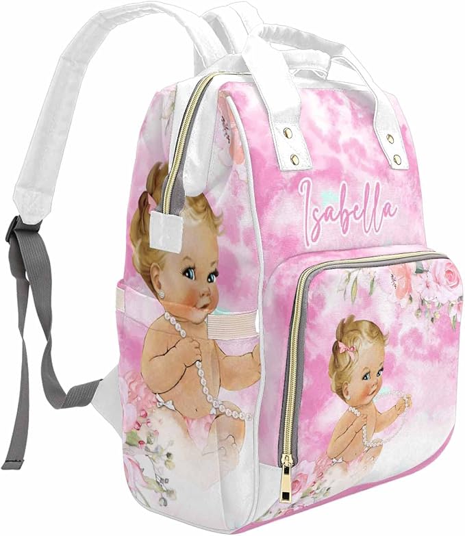 M YESCUSTOM Personalized Pink Diaper Bag Backpack with Name Custom Mommy Nursing Bag with Name for Women Wife