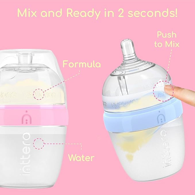 INTTERO Baby Bottles with Built-in Formula Dispenser, Anti-Colic Wide Neck Design for Newborn Feeding and Everyday Baby Essentials, 6 Oz Slow Flow (2 Pack), Modern Blue