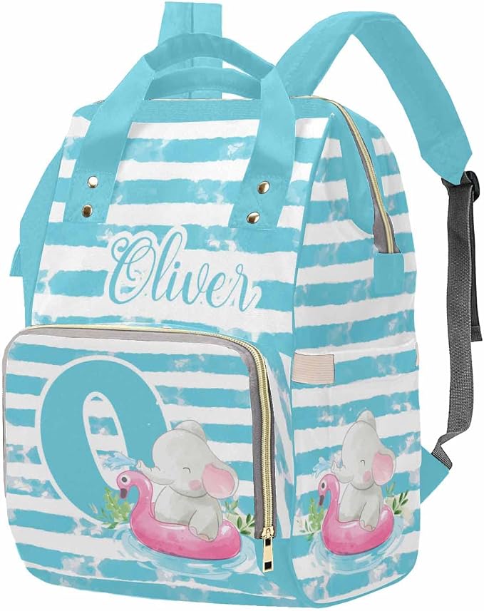 M YESCUSTOM Custom Name & Letter Diaper Bag Personalized Blue and White Stripes Mommy Bag Backpack Customized Baby Bag with Cute Animal