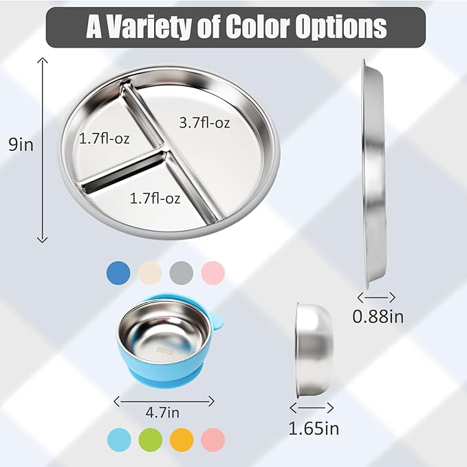 MISSLILI Stainless Steel Baby Plate and Bowls with Suction, Divided Kids Baby Plate and Toddler Bowl with Removable Silicone Suction, Non-Slip Baby Feeding Set Dishwasher Safeï¼? Packs