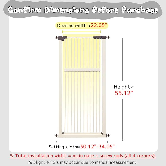 Lumizone Extra Tall Pet Gate 55.12" High Pressure Mounted 30.12"-34.05" Extra Wide (9 Sizes) 1.37" Gap for Cat Dog Stairs Doorway Hallway No Drilling Auto-Close (30.12"-34.05" W, Cream White)