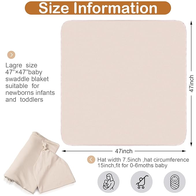 JaGely 2 Pcs Stretchy Baby Swaddle Blankets Set with Hats Extra Soft 47" x 47" Newborn Nursery Swaddle Wrap for Baby Girls and Boys(Apricot, Khaki)