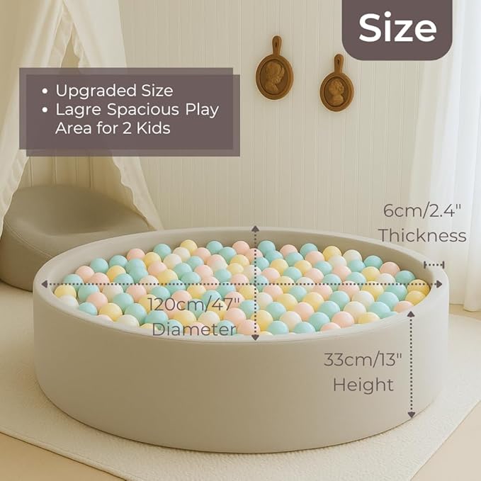Wonder Space 47" Premium Kids Foam Ball Pit, CPSIA-Certified Safe Soft Play Pool for Toddlers, Large Spacious Round Design for 2-3 Kids, Ideal Gift for Indoor Nursery (Beige)