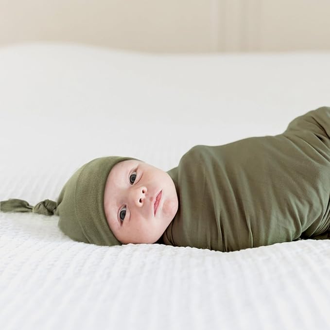 GRSSDER Newborn Swaddle Blanket, Ultra Soft Jersey Receiving Blanket with Matching Headband and Beanie Set 33×44", Stretchy Baby Neutral Swaddle Wrap for Girls and Boys