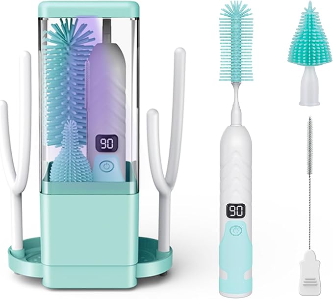 Electric Bottle Brush Cleaner, Portable & Rechargeable Electric Baby Bottle Brush Travel Kit??Nipple & Baby Straw Cleaner Brush,UV sterilized for Moms (Green)