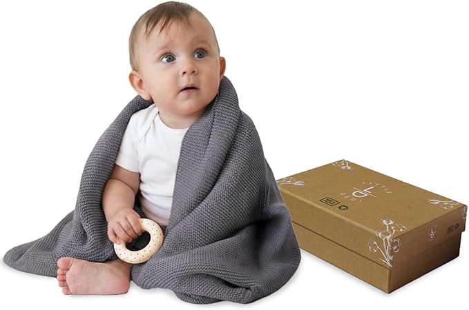 100% Organic Cotton GOTS Certified Baby Knitted Blanket with Gift Box - Soft Toddler, Crib, Stroller Blanket - Neutral Swaddle and Receiving Blanket for Newborns, 30"x40", Dark Grey