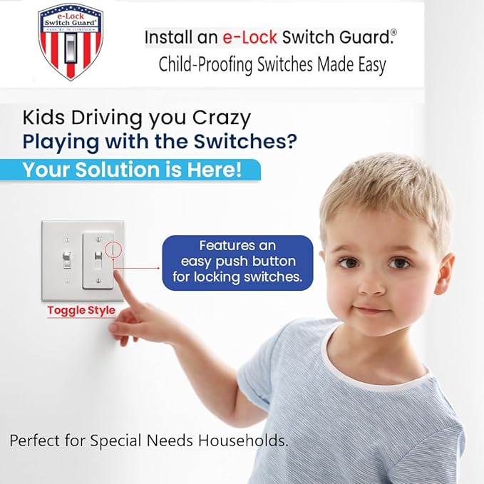 eLock Switch Guard for Toggle Switches | Child Proof Light Switch Lock with ON/OFF Push Button | Made in USA | Protect Devices, TV's, Security Camera, Gas Fireplace | Safety Cover | White | 4 Pack
