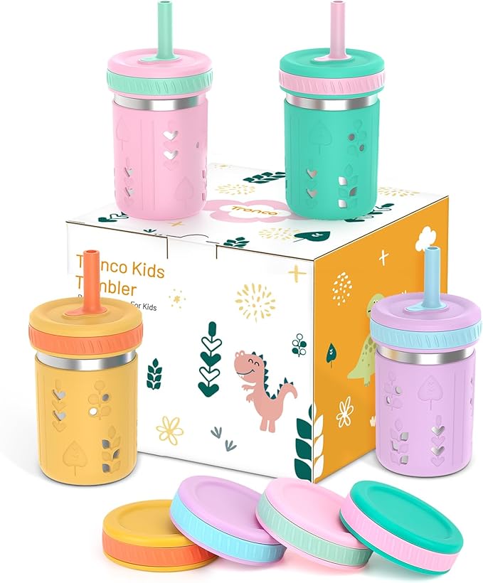Tronco [4 Pack] 10 oz 2-in-1 Stainless Steel Kids Tumbler Cups with Silicone Sleeves, Spill-Resistant Flexible Straws & Storage Lids, BPA-Free Smoothie and Snack Cups, Dishwasher Safe