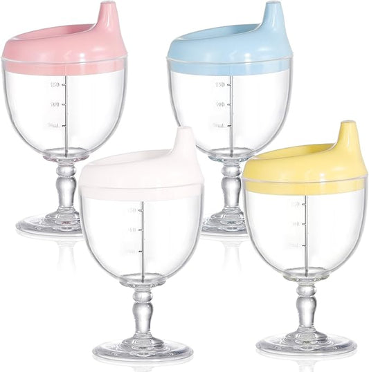 Goaste 4 Pack Plastic Sippy Cups, 7oz No Spill Plastic Wine Glass Goblet Cup, Fancy Baby Beverage Mug Milk Bottle with Lid for Kids over 3 Years on Birthday Party, Celebration, Assorted Colors