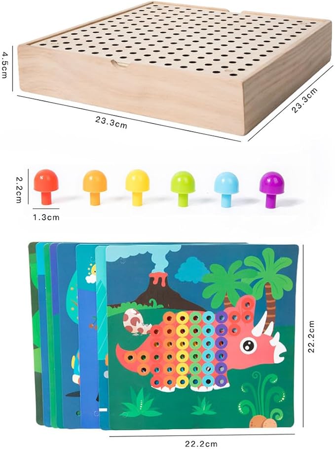 Wooden Pegboard Mosaic Puzzle, Kids Colorful Mushroom Nails Gear Combination Toy