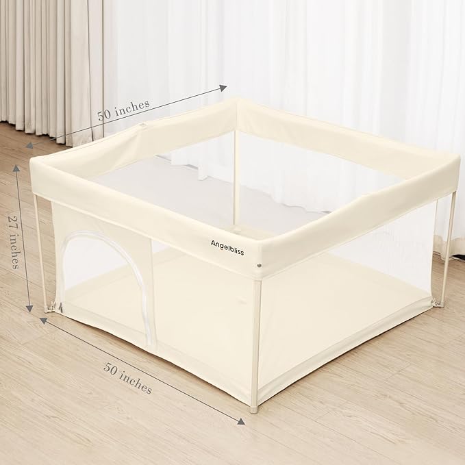 Foldable Baby Playpen 50"×50", Out-of-the-Box Ready Playpen for Babies and Toddlers, Portable Play Yard with Breathable Mesh & ASTM F406 Certified (Beige)