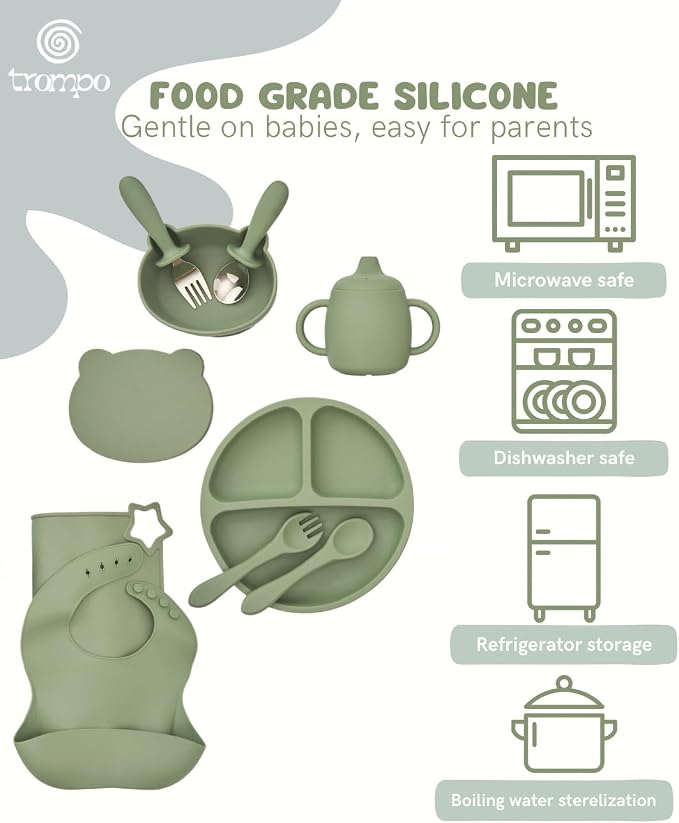 Food-grade Silicone Baby Feeding Set – 10 Pieces | BPA-Free | Includes Plate, Bowl, Sippy cup, 2 Spoons, 2Forks & Bib | Non-Slip, Microwave & Dishwasher Safe – Green
